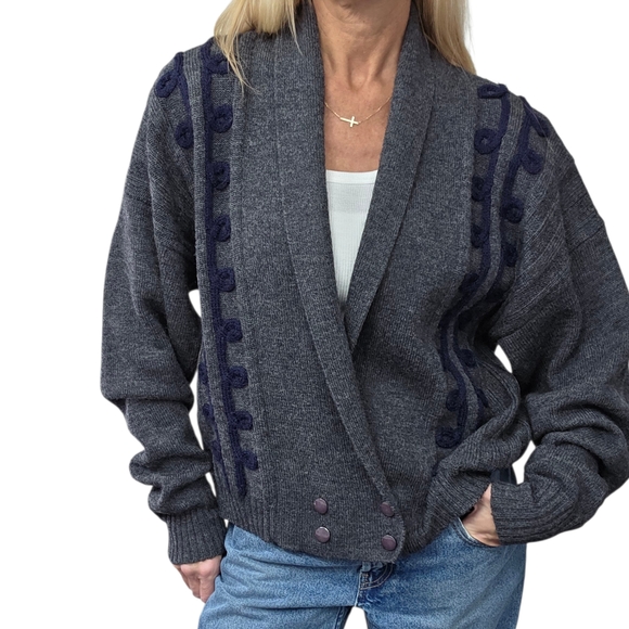 The Villager Sweaters - The Villager 1X Vintage 80s Wool Cardigan Shawl Collar Shoulder Pads Oversize